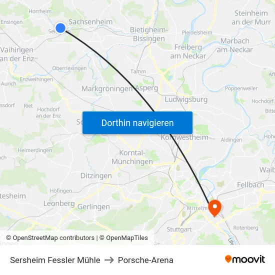 Sersheim Fessler Mühle to Porsche-Arena map
