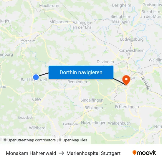 Monakam Hährenwald to Marienhospital Stuttgart map