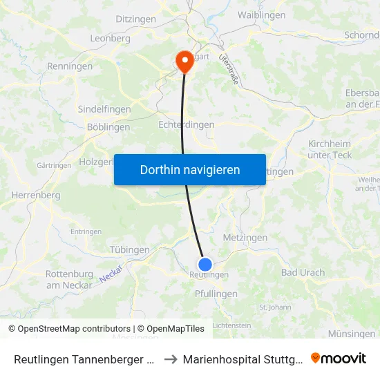 Reutlingen Tannenberger Str. to Marienhospital Stuttgart map