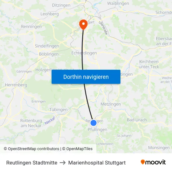 Reutlingen Stadtmitte to Marienhospital Stuttgart map