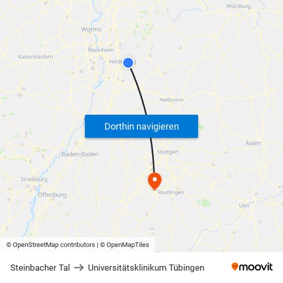 Steinbacher Tal to Universitätsklinikum Tübingen map