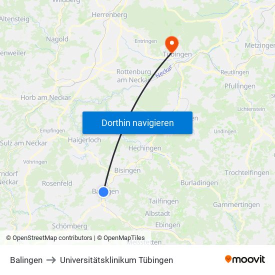 Balingen to Universitätsklinikum Tübingen map