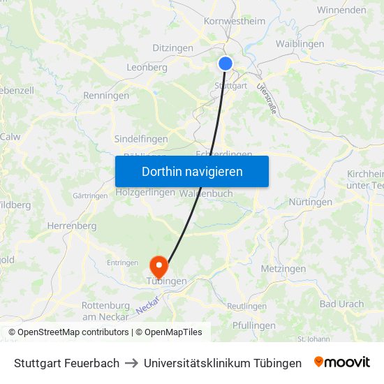 Stuttgart Feuerbach to Universitätsklinikum Tübingen map