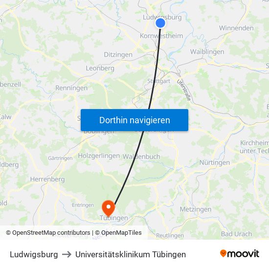 Ludwigsburg to Universitätsklinikum Tübingen map