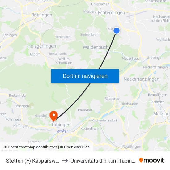 Stetten (F) Kasparswald to Universitätsklinikum Tübingen map