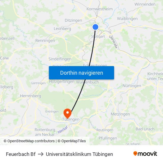 Feuerbach Bf to Universitätsklinikum Tübingen map