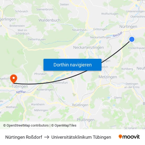 Nürtingen Roßdorf to Universitätsklinikum Tübingen map