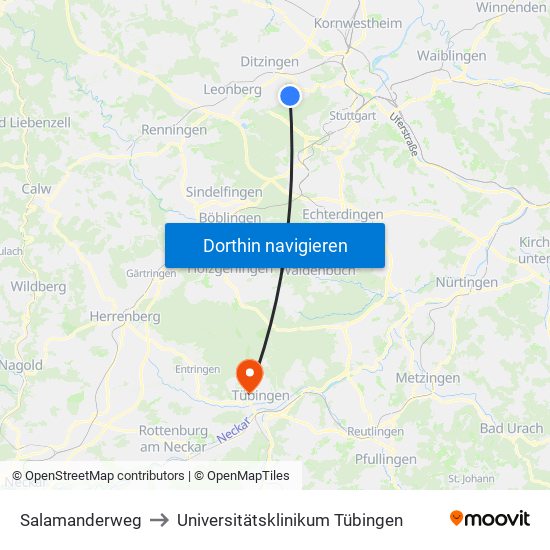Salamanderweg to Universitätsklinikum Tübingen map
