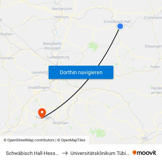 Schwäbisch Hall-Hessental to Universitätsklinikum Tübingen map