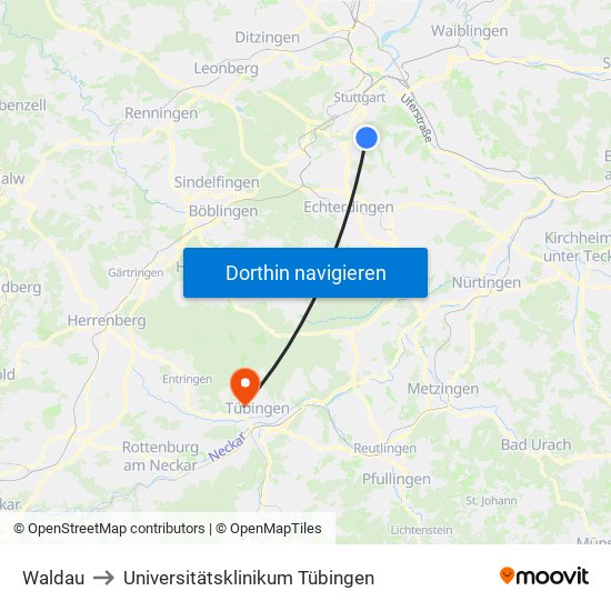 Waldau to Universitätsklinikum Tübingen map