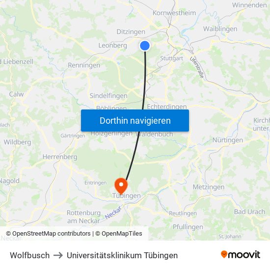 Wolfbusch to Universitätsklinikum Tübingen map