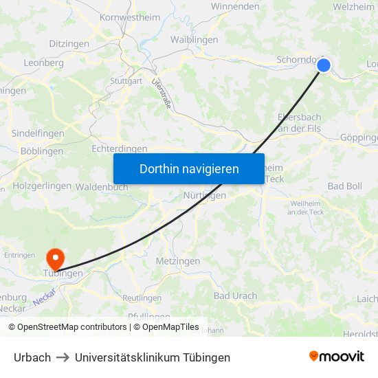 Urbach to Universitätsklinikum Tübingen map