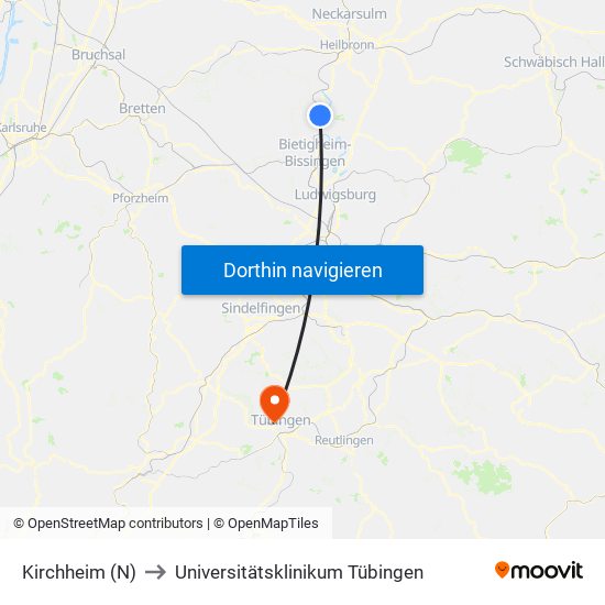 Kirchheim (N) to Universitätsklinikum Tübingen map