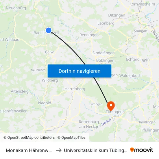 Monakam Hährenwald to Universitätsklinikum Tübingen map