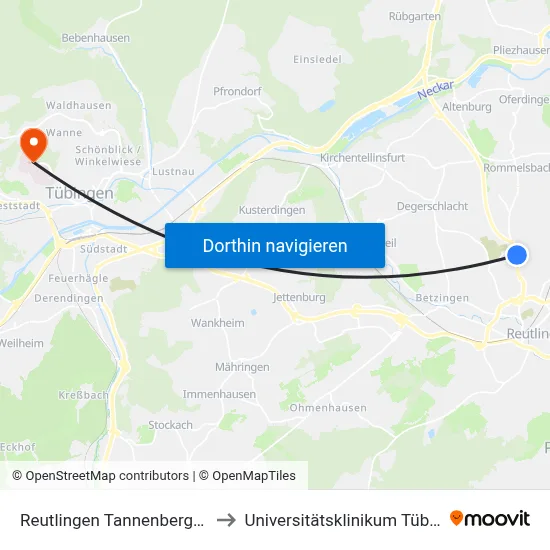 Reutlingen Tannenberger Str. to Universitätsklinikum Tübingen map