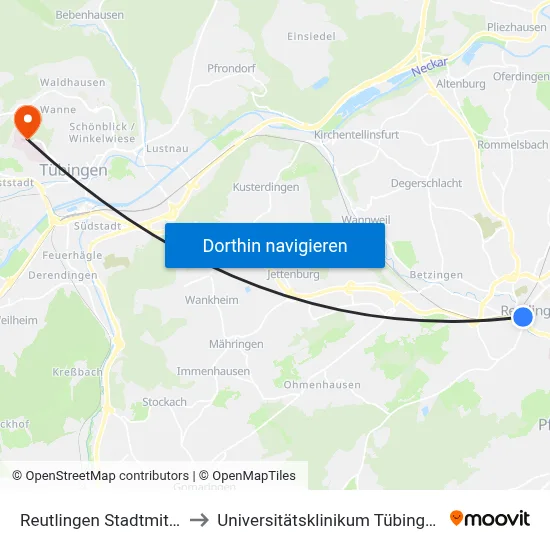 Reutlingen Stadtmitte to Universitätsklinikum Tübingen map