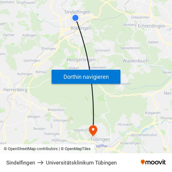 Sindelfingen to Universitätsklinikum Tübingen map
