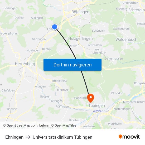 Ehningen to Universitätsklinikum Tübingen map