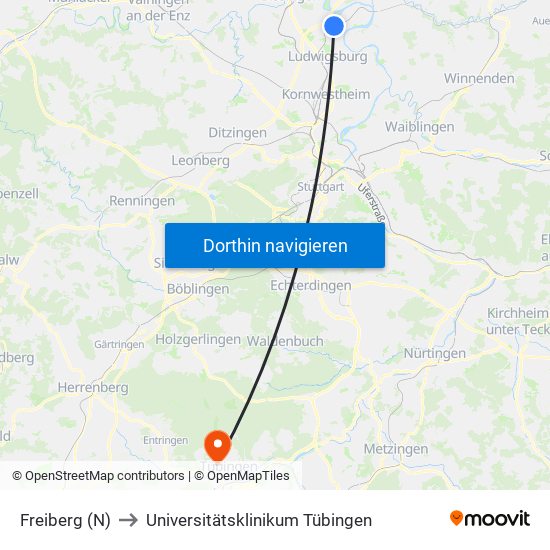 Freiberg (N) to Universitätsklinikum Tübingen map