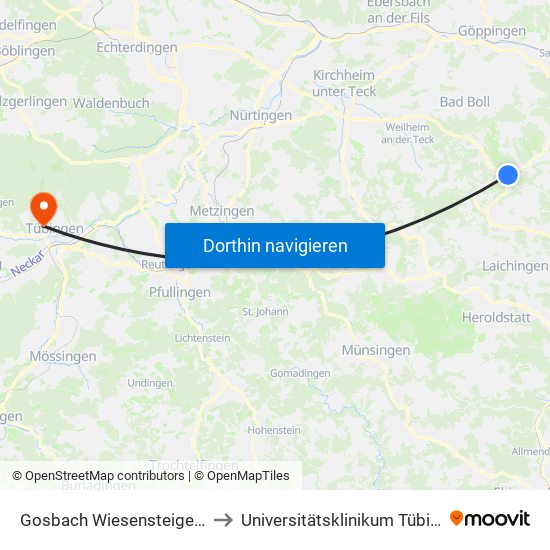Gosbach Wiesensteiger Str. to Universitätsklinikum Tübingen map