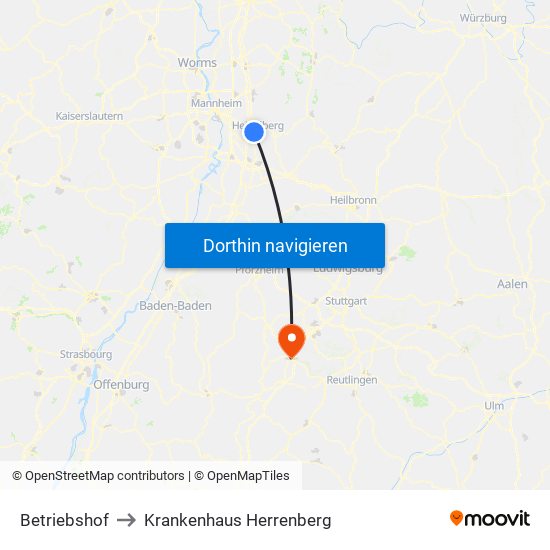 Betriebshof to Krankenhaus Herrenberg map