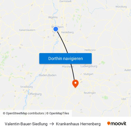 Valentin-Bauer-Siedlung to Krankenhaus Herrenberg map