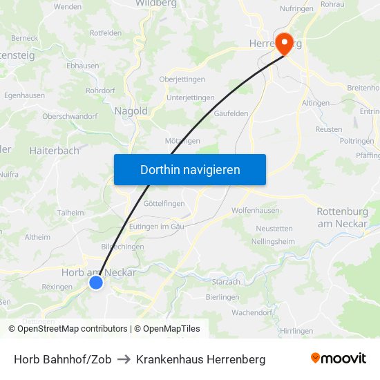 Horb Bahnhof/Zob to Krankenhaus Herrenberg map