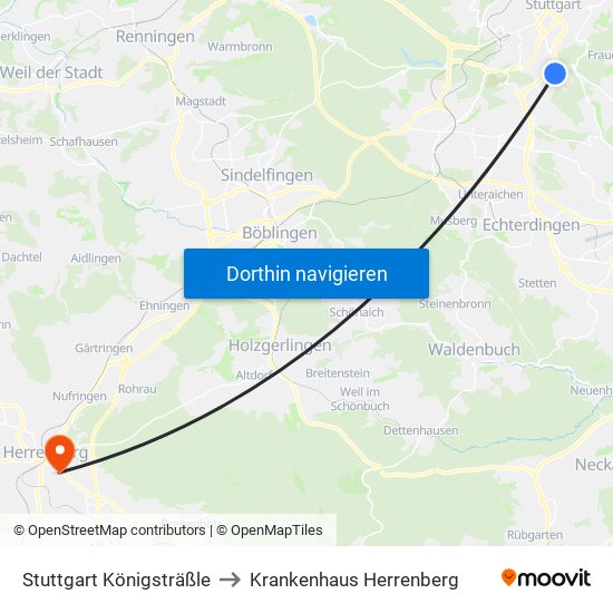 Stuttgart Königsträßle to Krankenhaus Herrenberg map