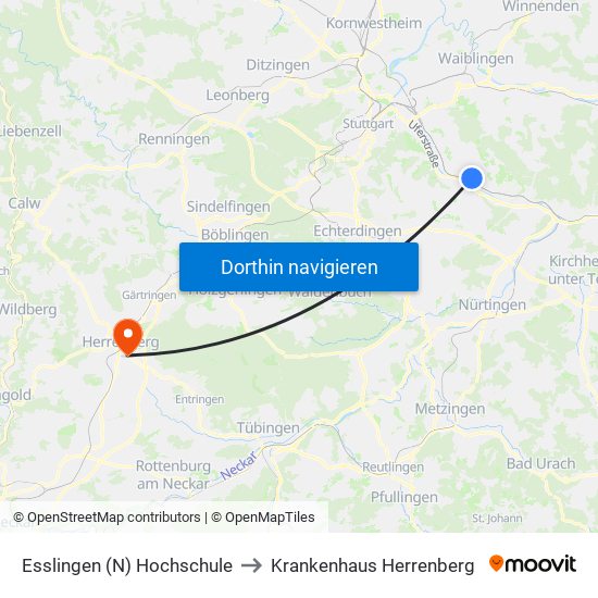 Esslingen (N) Hochschule to Krankenhaus Herrenberg map