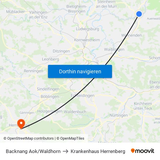 Backnang Aok/Waldhorn to Krankenhaus Herrenberg map