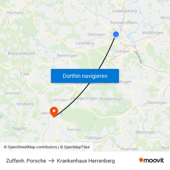 Zuffenh. Porsche to Krankenhaus Herrenberg map
