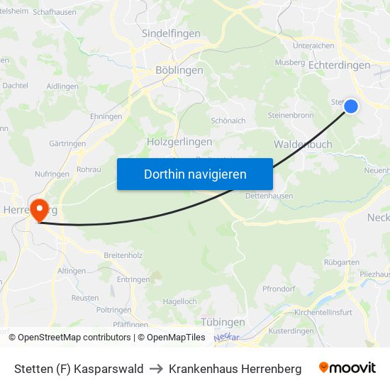 Stetten (F) Kasparswald to Krankenhaus Herrenberg map