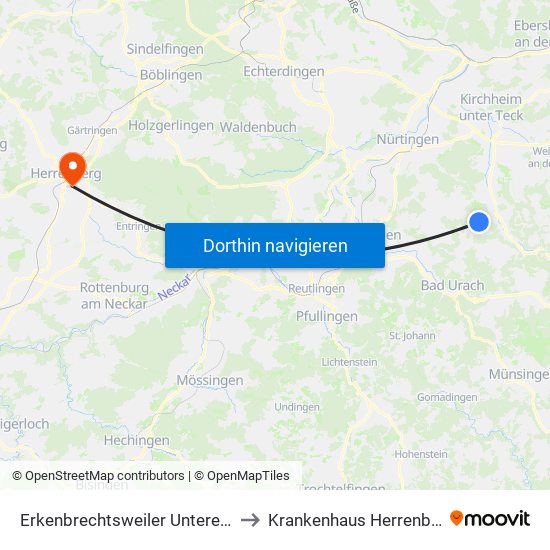 Erkenbrechtsweiler Untere Str. to Krankenhaus Herrenberg map
