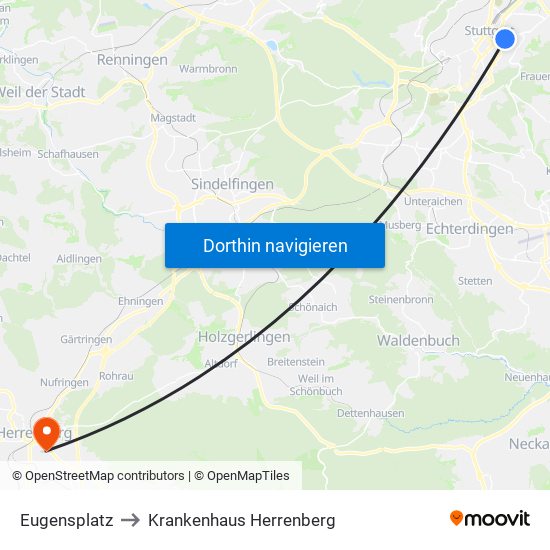 Eugensplatz to Krankenhaus Herrenberg map