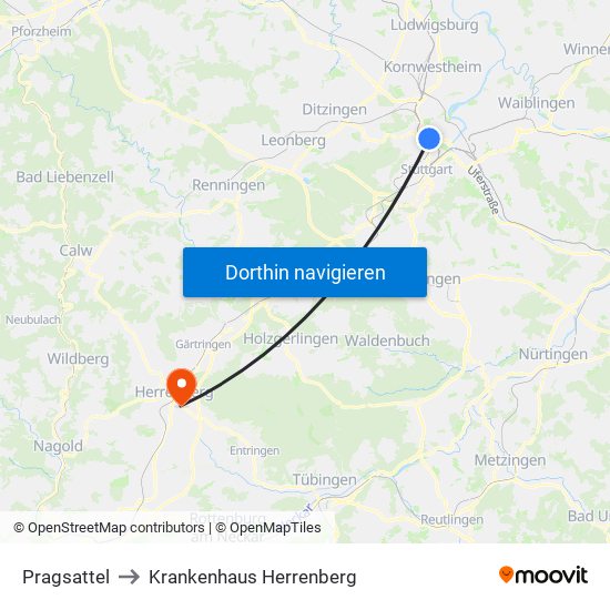 Pragsattel to Krankenhaus Herrenberg map