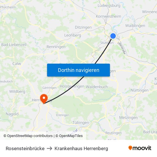 Rosensteinbrücke to Krankenhaus Herrenberg map