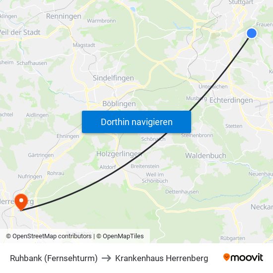 Ruhbank (Fernsehturm) to Krankenhaus Herrenberg map