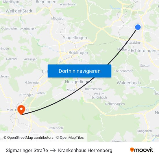 Sigmaringer Straße to Krankenhaus Herrenberg map