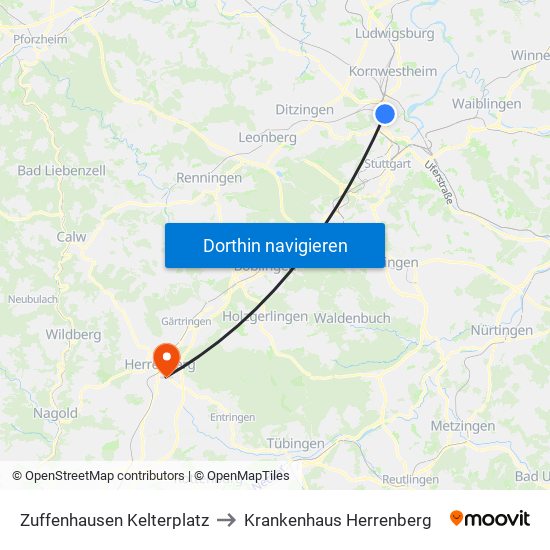 Zuffenhausen Kelterplatz to Krankenhaus Herrenberg map