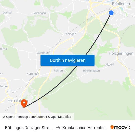 Böblingen Danziger Straße to Krankenhaus Herrenberg map