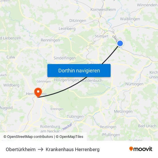 Obertürkheim to Krankenhaus Herrenberg map
