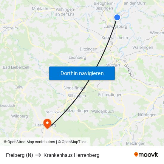 Freiberg (N) to Krankenhaus Herrenberg map