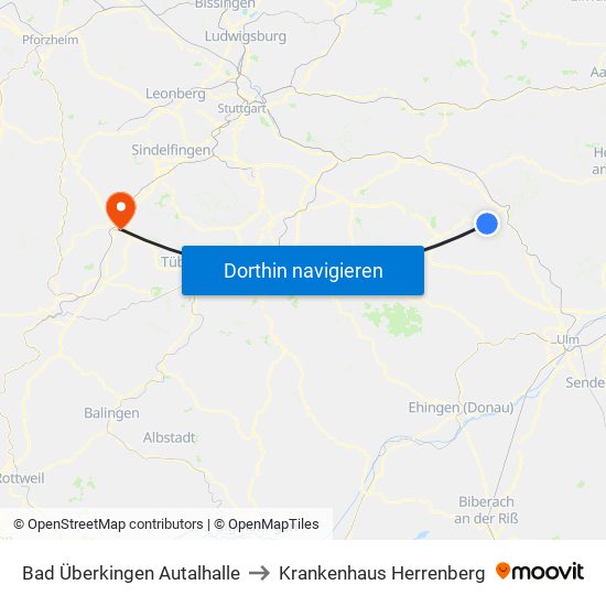 Bad Überkingen Autalhalle to Krankenhaus Herrenberg map