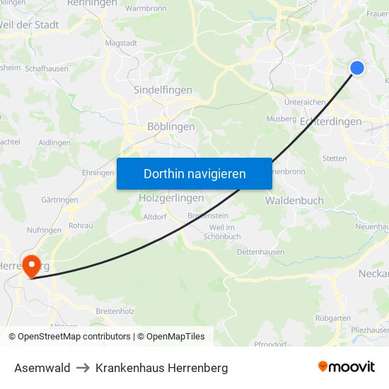 Asemwald to Krankenhaus Herrenberg map