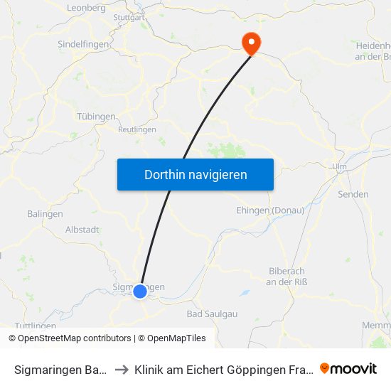 Sigmaringen Bahnhof to Klinik am Eichert Göppingen Frauenklinik map