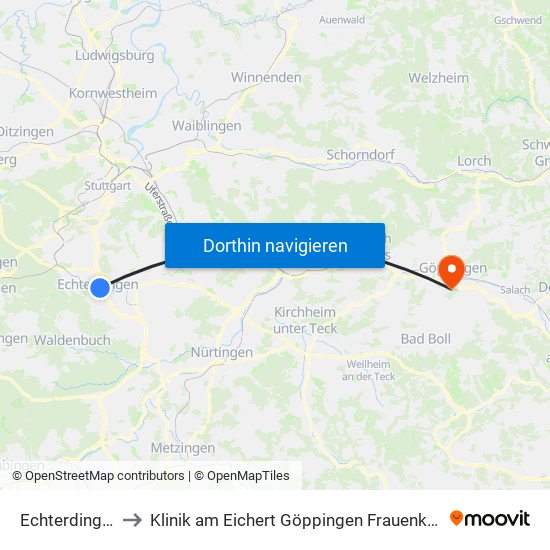 Echterdingen to Klinik am Eichert Göppingen Frauenklinik map