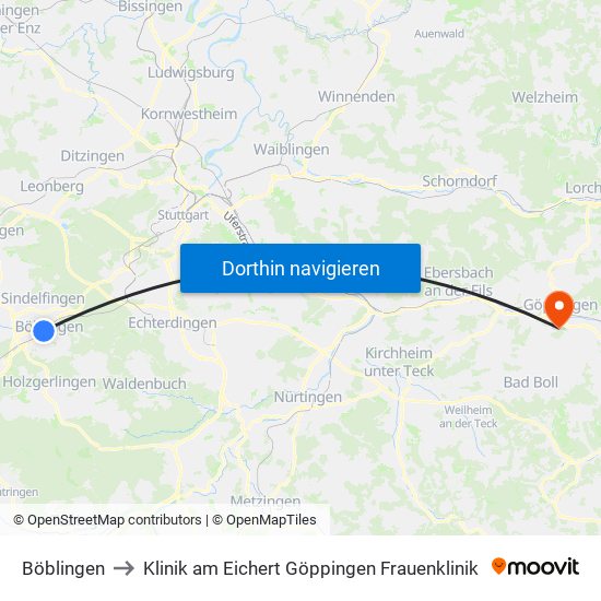 Böblingen to Klinik am Eichert Göppingen Frauenklinik map