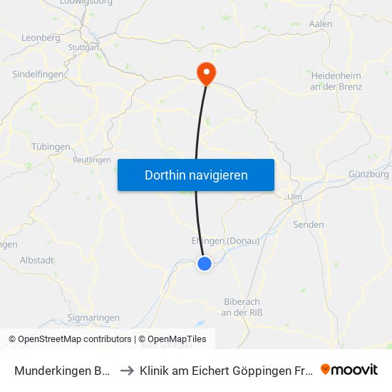 Munderkingen Bahnhof to Klinik am Eichert Göppingen Frauenklinik map