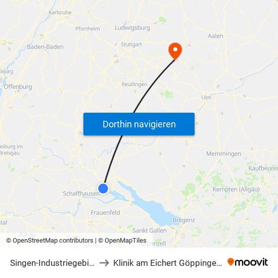 Singen-Industriegebiet Bahnhof to Klinik am Eichert Göppingen Frauenklinik map