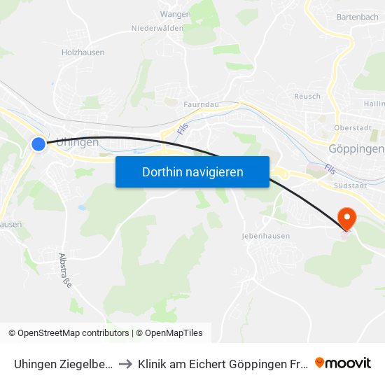 Uhingen Ziegelbergweg to Klinik am Eichert Göppingen Frauenklinik map